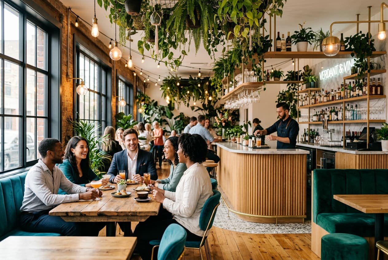 Interior de un café moderno con clientes
