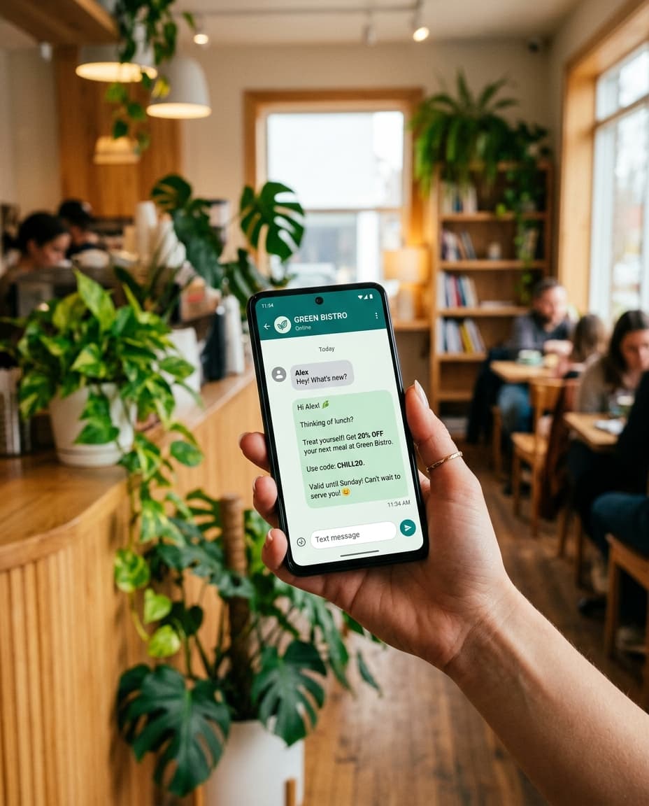 Un cliente recibe por WhatsApp un mensaje promocional de un café